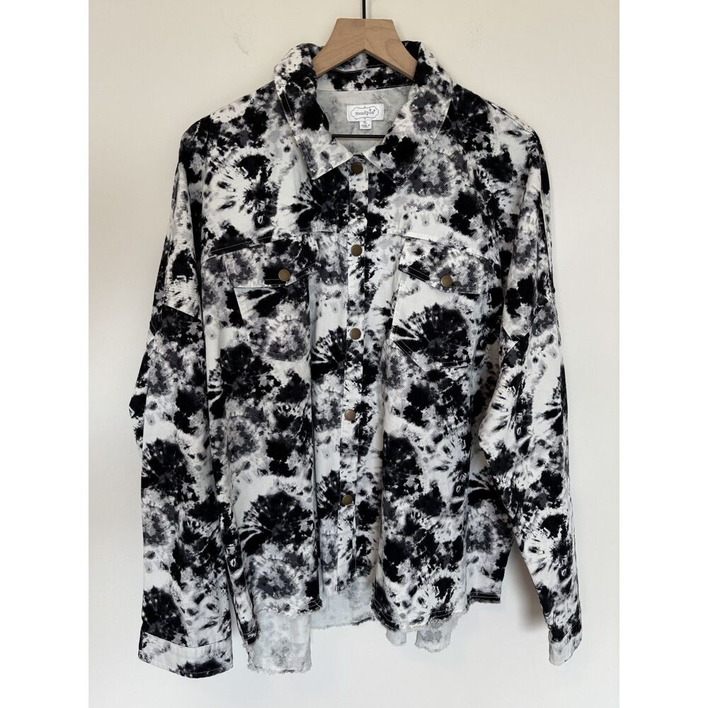 Mudpie Faux Denim Navy Blue and White Tie Dye Button Up Jacket Coat Size XL